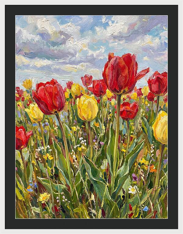 Vibrant Tulip Field Under Clouds