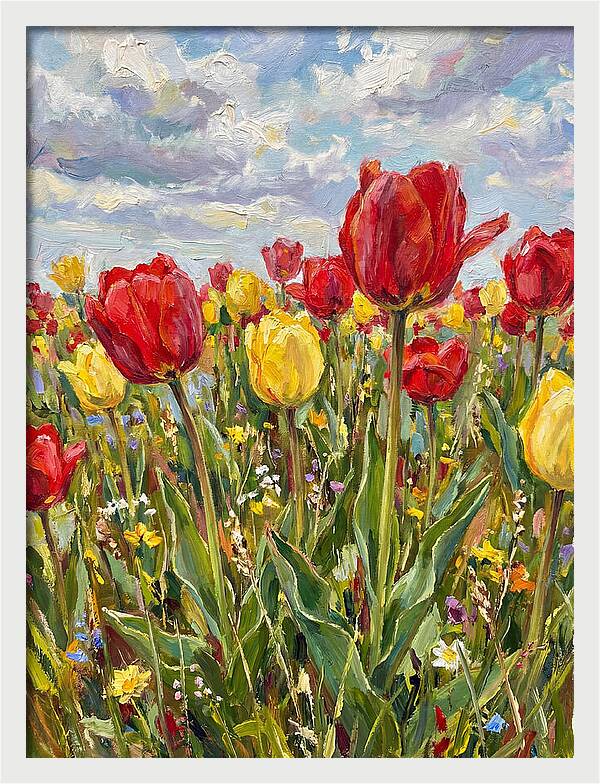 Vibrant Tulip Field Under Clouds