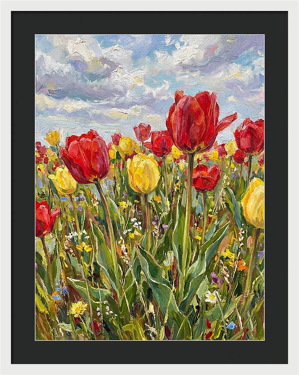Vibrant Tulip Field Under Clouds