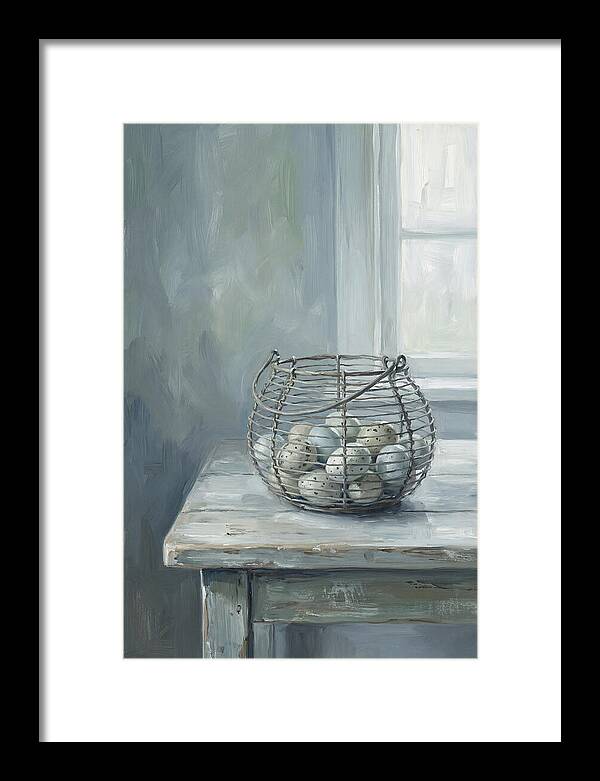 Vintage Egg Basket On Farmhouse Table