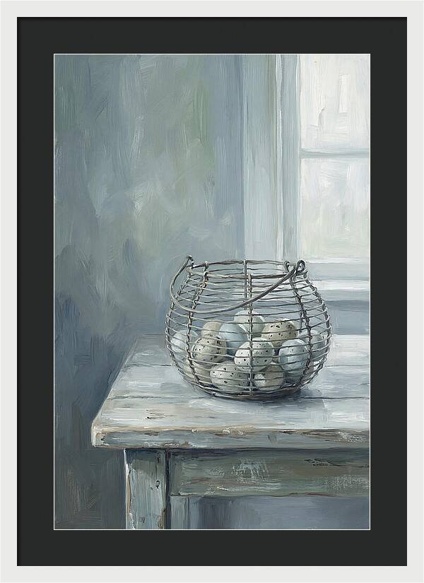Vintage Egg Basket On Farmhouse Table