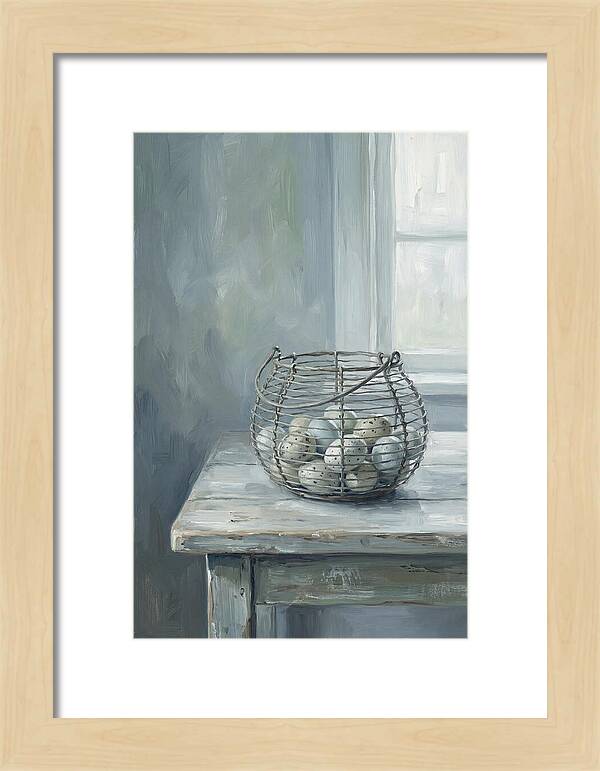 Vintage Egg Basket On Farmhouse Table