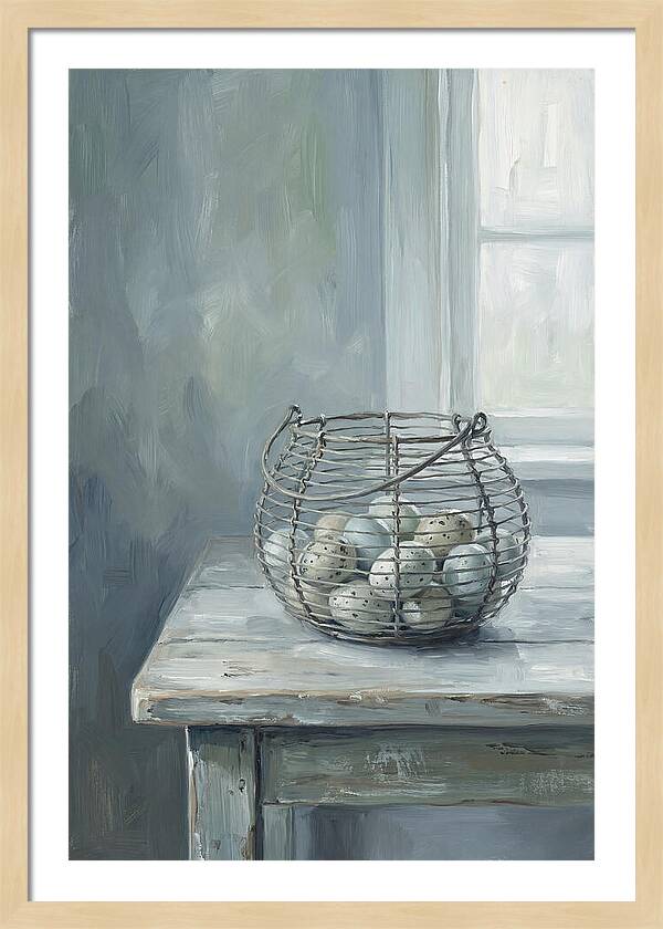 Vintage Egg Basket On Farmhouse Table