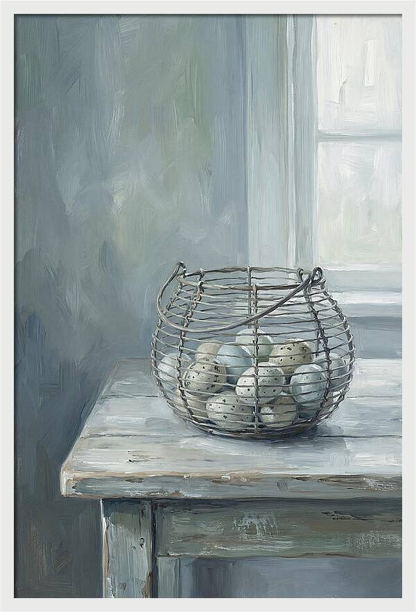 Vintage Egg Basket On Farmhouse Table
