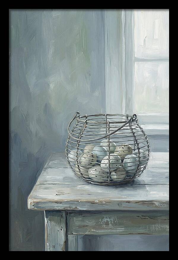 Vintage Egg Basket On Farmhouse Table