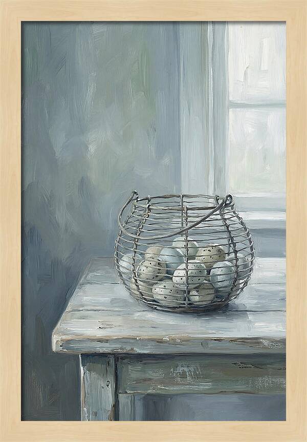Vintage Egg Basket On Farmhouse Table