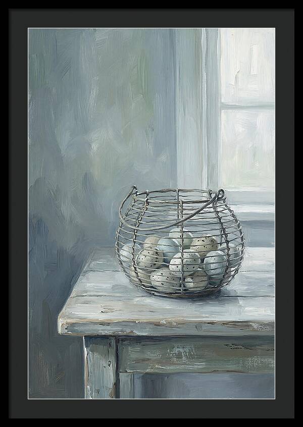 Vintage Egg Basket On Farmhouse Table