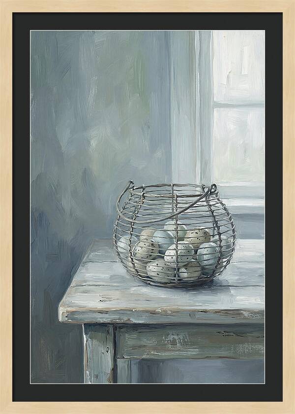 Vintage Egg Basket On Farmhouse Table