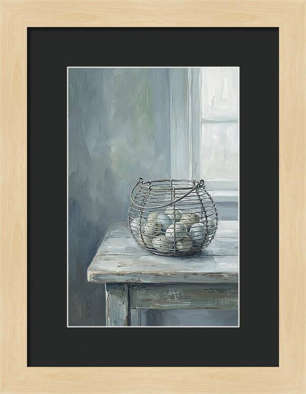 Vintage Egg Basket On Farmhouse Table