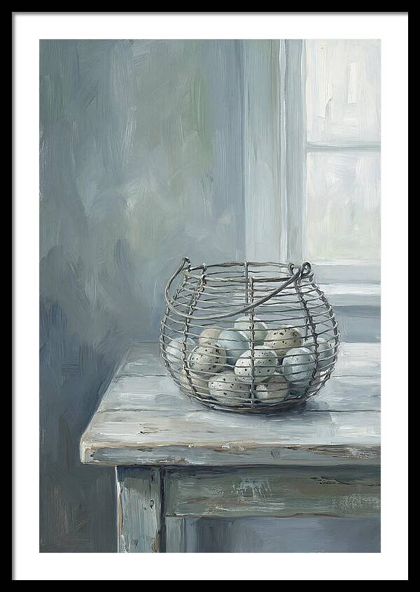 Vintage Egg Basket On Farmhouse Table