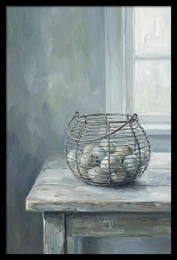 Vintage Egg Basket On Farmhouse Table