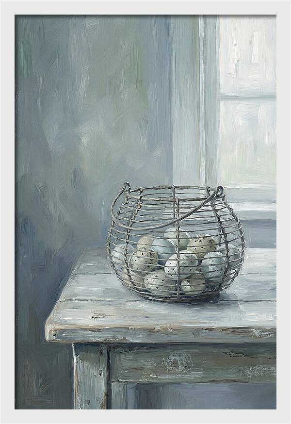 Vintage Egg Basket On Farmhouse Table