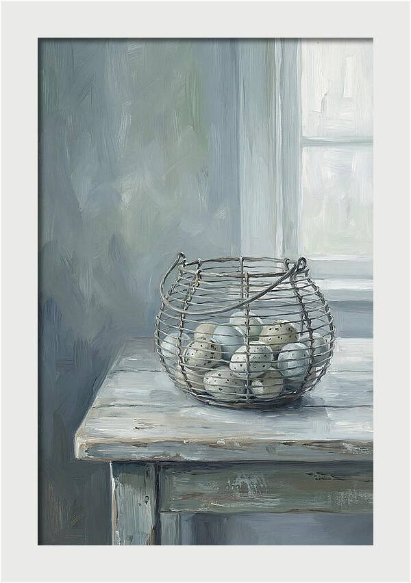 Vintage Egg Basket On Farmhouse Table