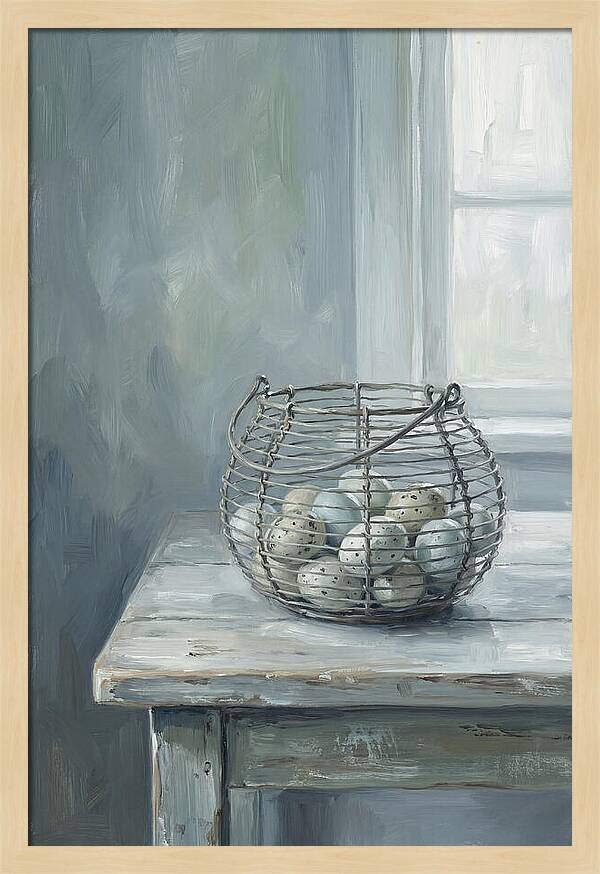 Vintage Egg Basket On Farmhouse Table