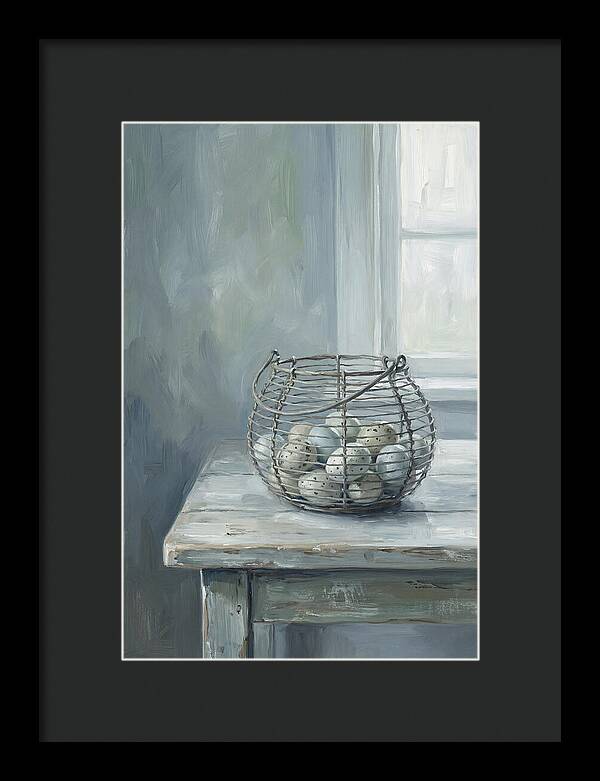 Vintage Egg Basket On Farmhouse Table
