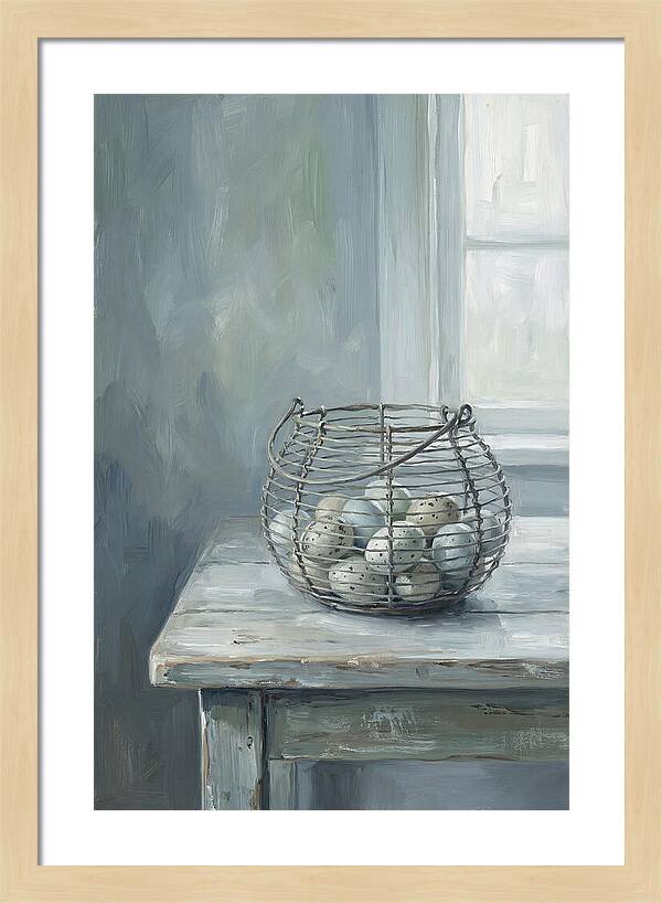 Vintage Egg Basket On Farmhouse Table