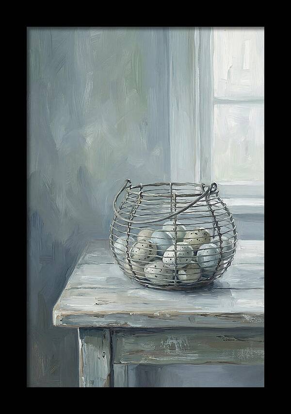 Vintage Egg Basket On Farmhouse Table