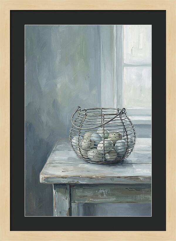 Vintage Egg Basket On Farmhouse Table