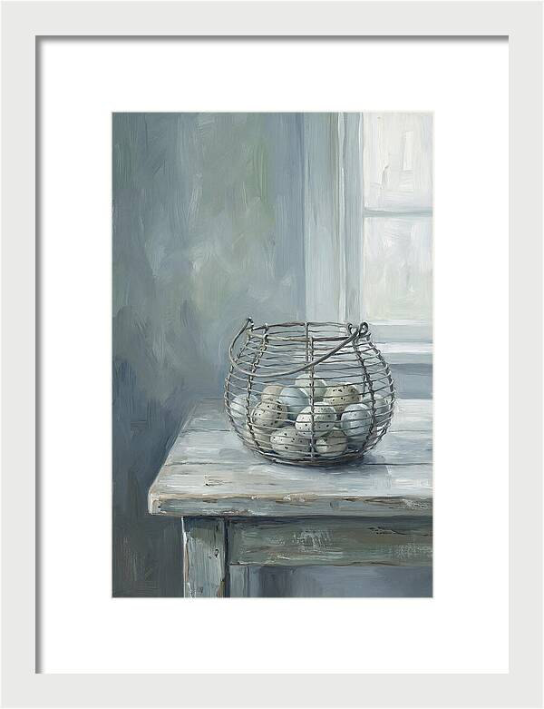 Vintage Egg Basket On Farmhouse Table