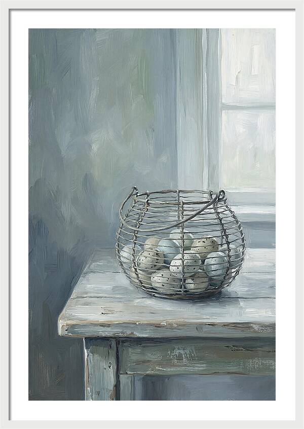 Vintage Egg Basket On Farmhouse Table