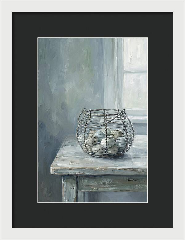 Vintage Egg Basket On Farmhouse Table