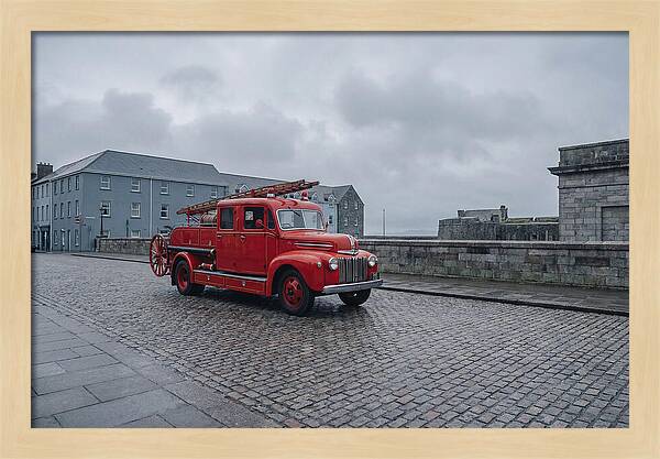 Vintage Fire Engine On Cobblestone Street
