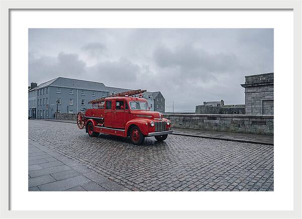 Vintage Fire Engine On Cobblestone Street