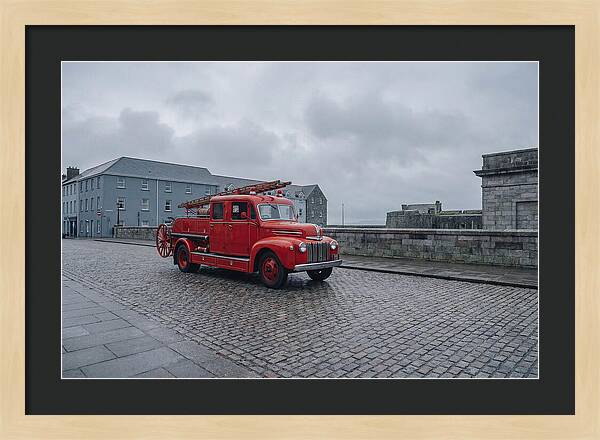 Vintage Fire Engine On Cobblestone Street