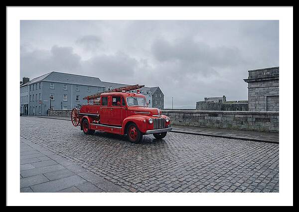Vintage Fire Engine On Cobblestone Street