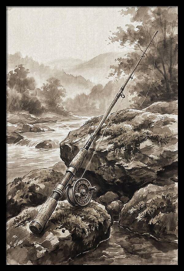 Vintage Fishing Rod By The Stream