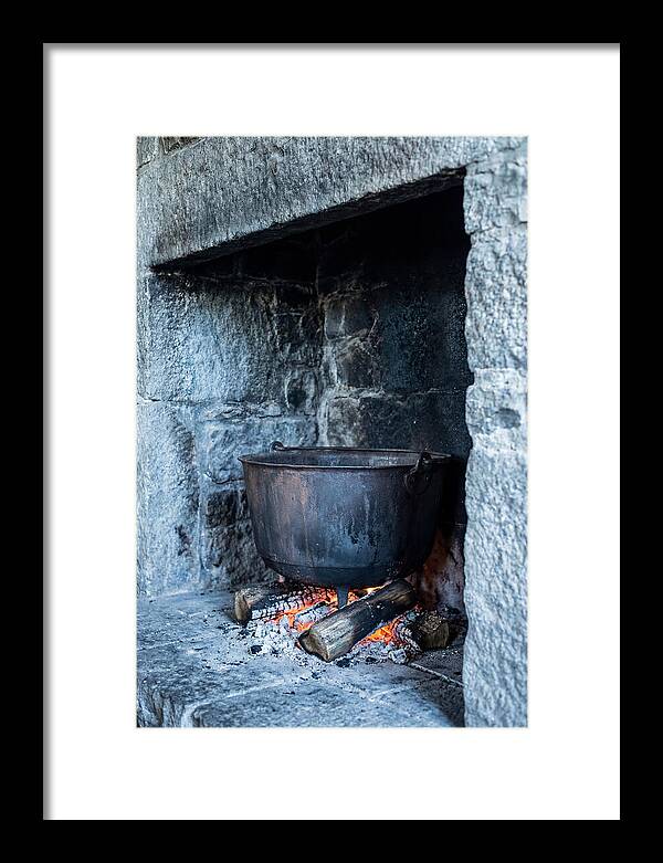 Vintage Iron Cauldron In Fireplace