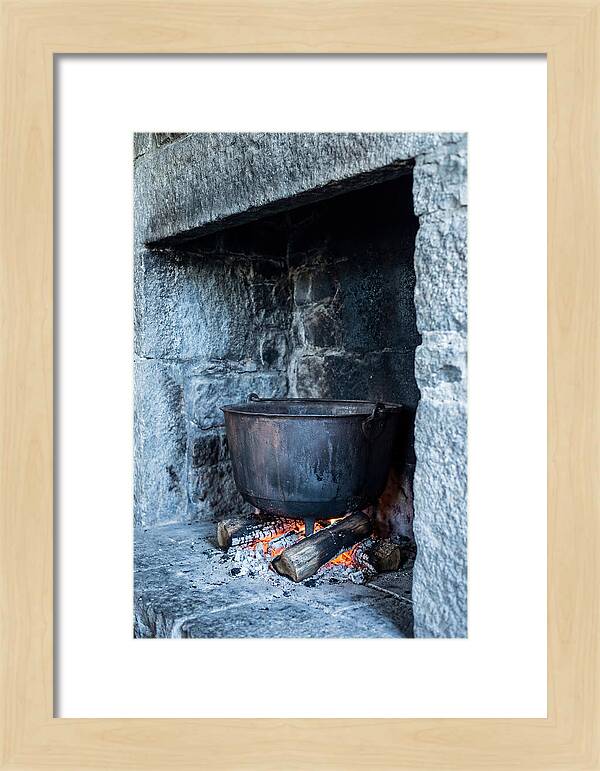 Vintage Iron Cauldron In Fireplace
