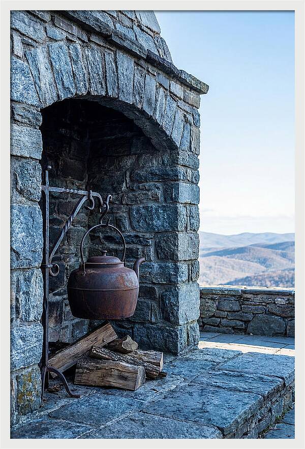 Vintage Iron Kettle Over Firewood