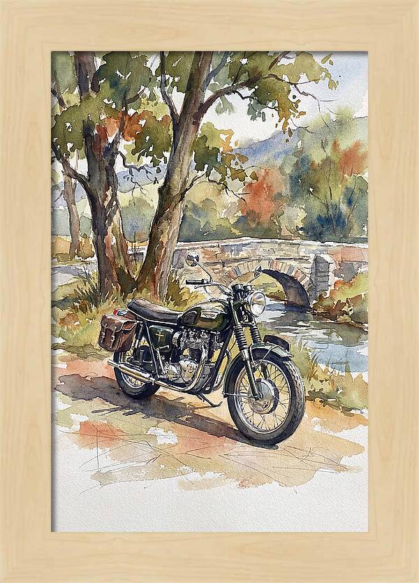 Vintage Motorcycle By The Stream