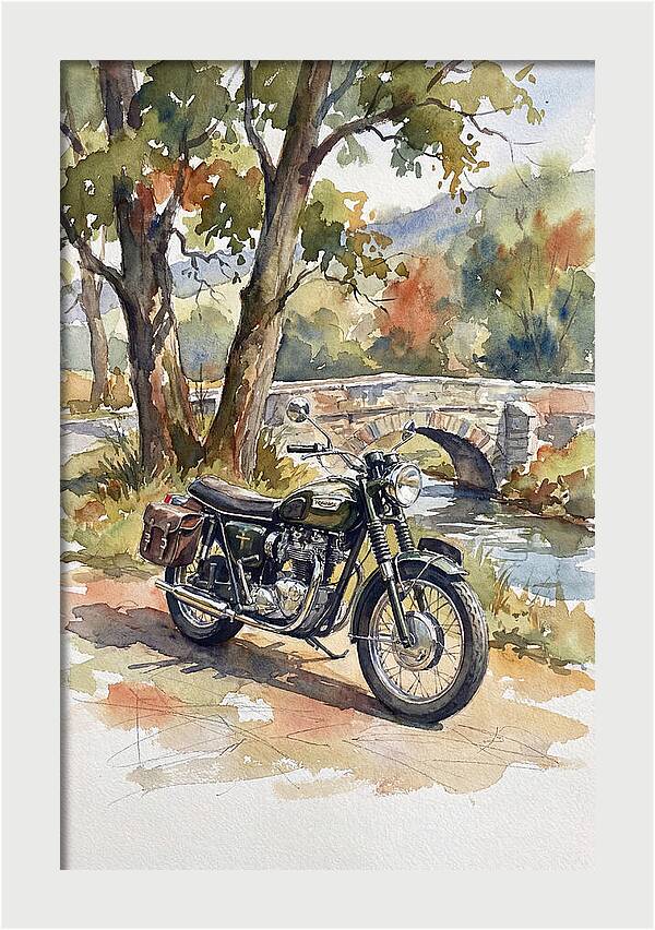 Vintage Motorcycle By The Stream