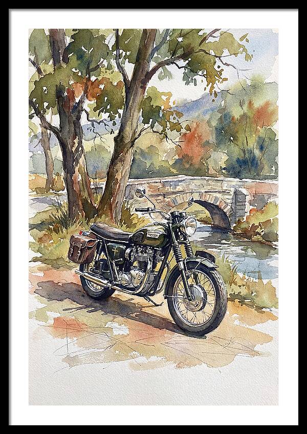 Vintage Motorcycle By The Stream