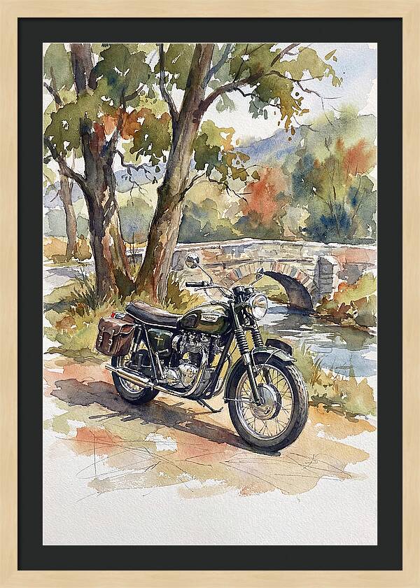 Vintage Motorcycle By The Stream