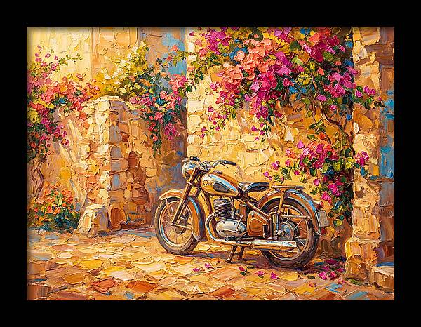 Vintage Motorcycle In Blooming Alley