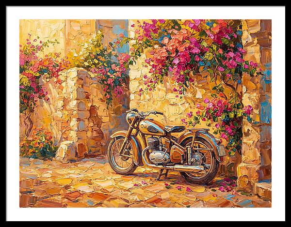 Vintage Motorcycle In Blooming Alley