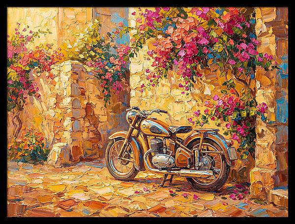Vintage Motorcycle In Blooming Alley