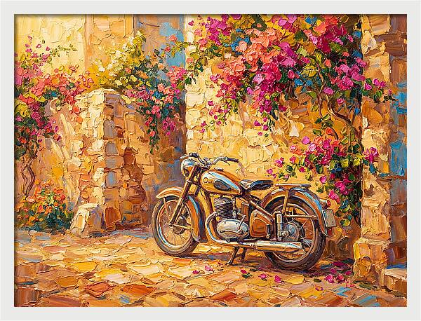 Vintage Motorcycle In Blooming Alley