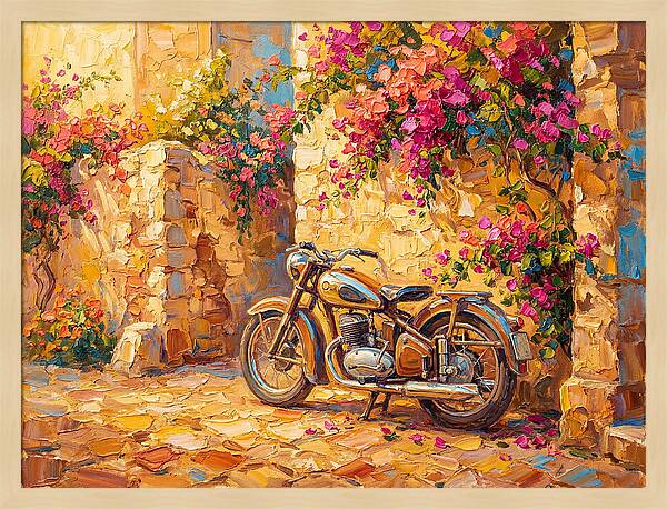 Vintage Motorcycle In Blooming Alley
