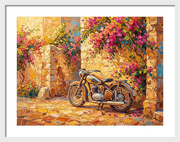 Vintage Motorcycle In Blooming Alley