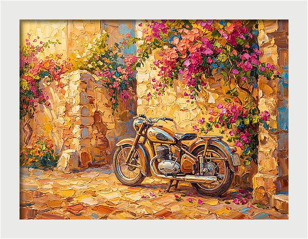 Vintage Motorcycle In Blooming Alley