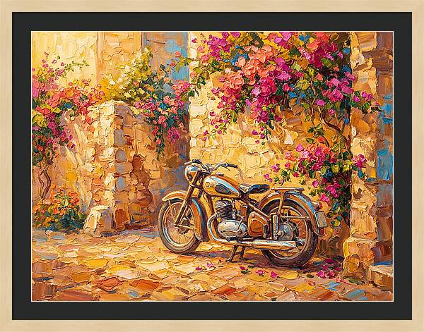 Vintage Motorcycle In Blooming Alley