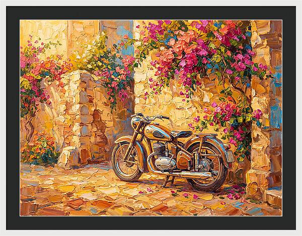 Vintage Motorcycle In Blooming Alley