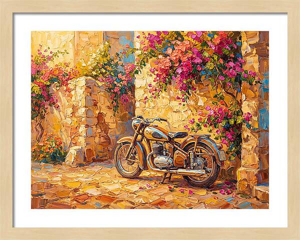 Vintage Motorcycle In Blooming Alley