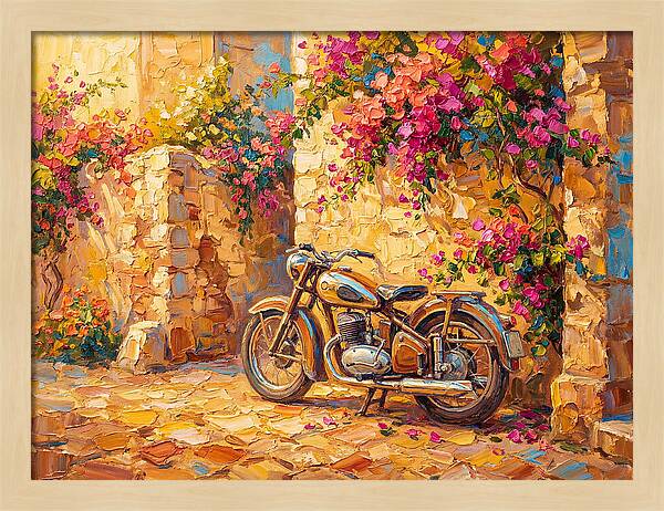 Vintage Motorcycle In Blooming Alley