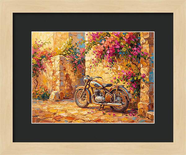 Vintage Motorcycle In Blooming Alley