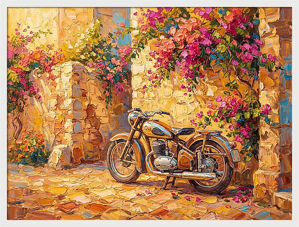 Vintage Motorcycle In Blooming Alley